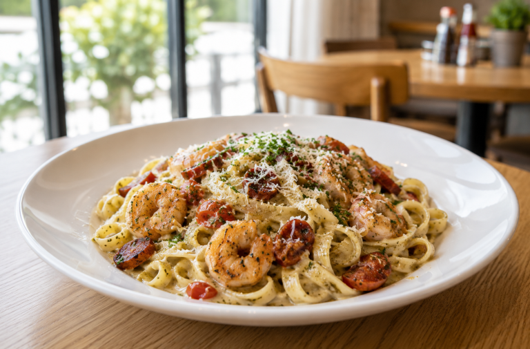 Creamy Garlic Prawn Linguine